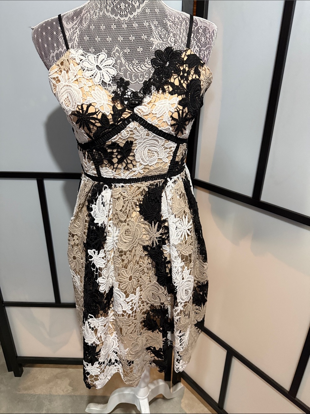 Floral Lace Mini Dress in Black, White & Cream